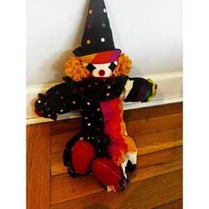 Vintage Clown‎ Doll Polkadot Stripes Wearing Hat Felt Face Orange Hair 80s
